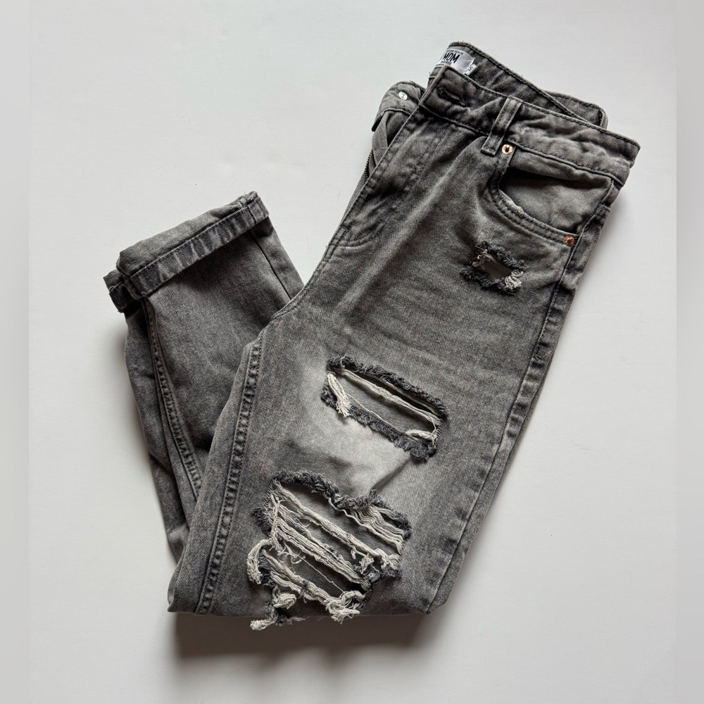 High Rise Distressed Gray Jeans